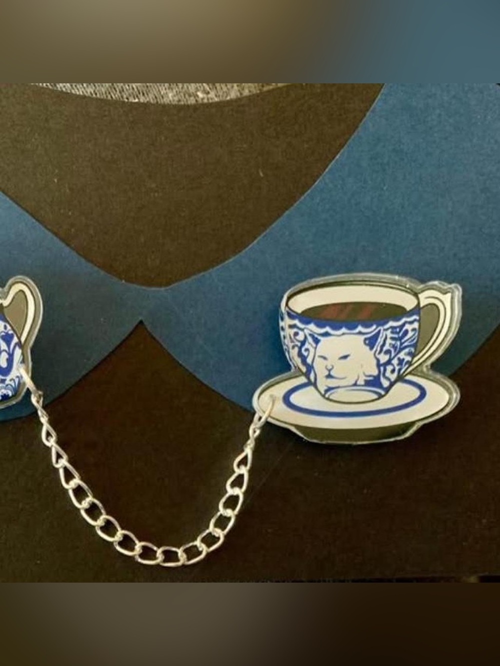 Blue & White Teacup & Teapot Lapel Pin Set with Silver Chain Cat Meme Funny Pins - Picture 3 of 3